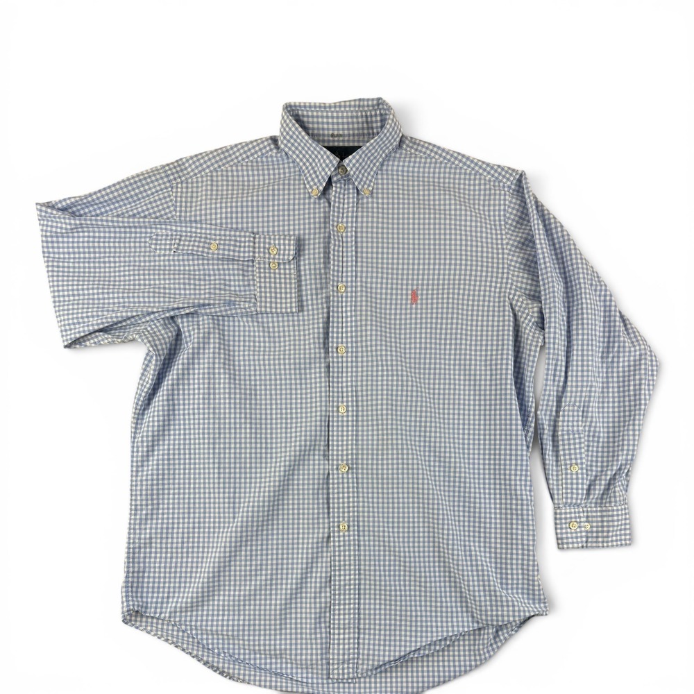 Vintage 90s Ralph Lauren Yarmouth Blue Gingham Button Down Shirt Pink Pony 16‎